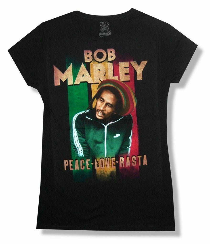 Bob Marley Rasta Peace Love Girls Juniors Black Shirt New Official