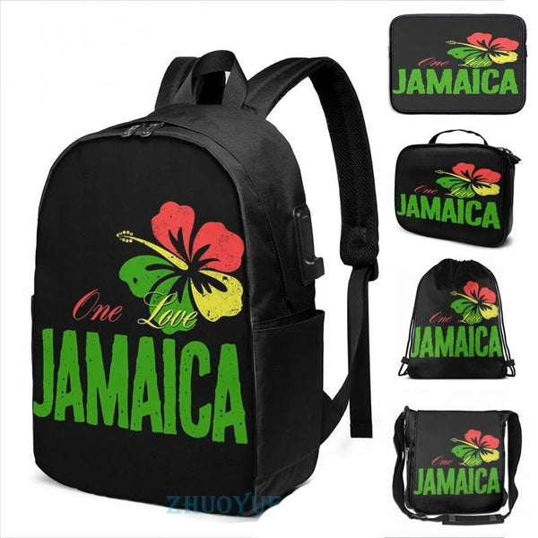 Funny Graphic Print One Love Jamaica USB Charge Backpack