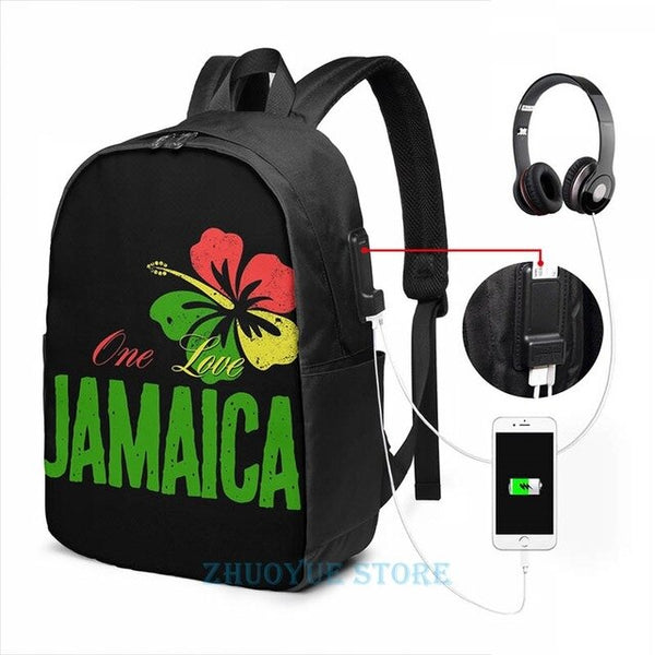 Funny Graphic Print One Love Jamaica USB Charge Backpack